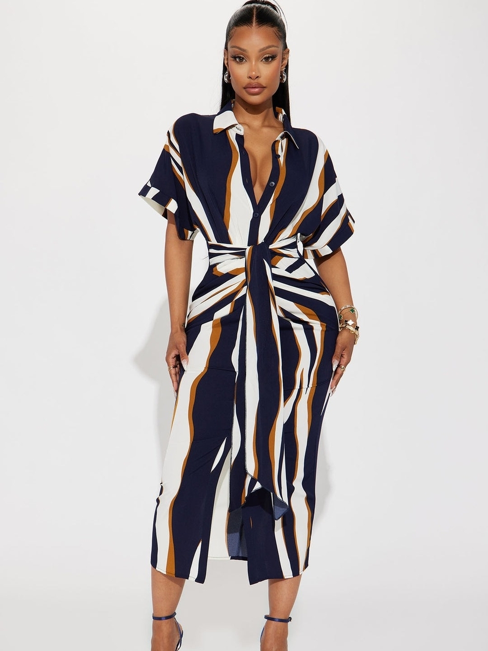 Fashion Nova Navy White and Mustard Striped Tie-Front Midi Dress